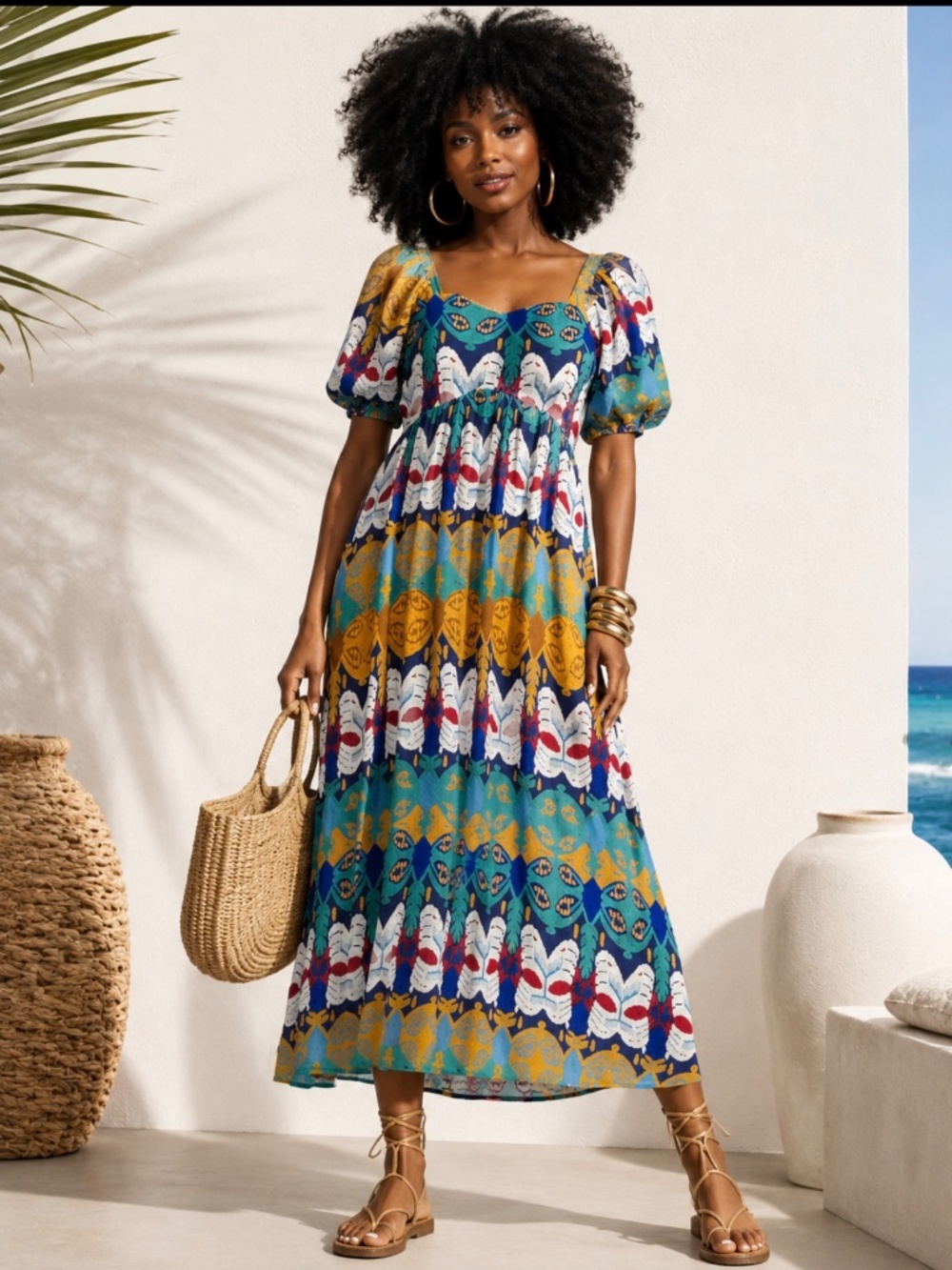 Midi Dress Artistic Print Multi Color Vibrant Hues of Ocean Blues & Warm Golds